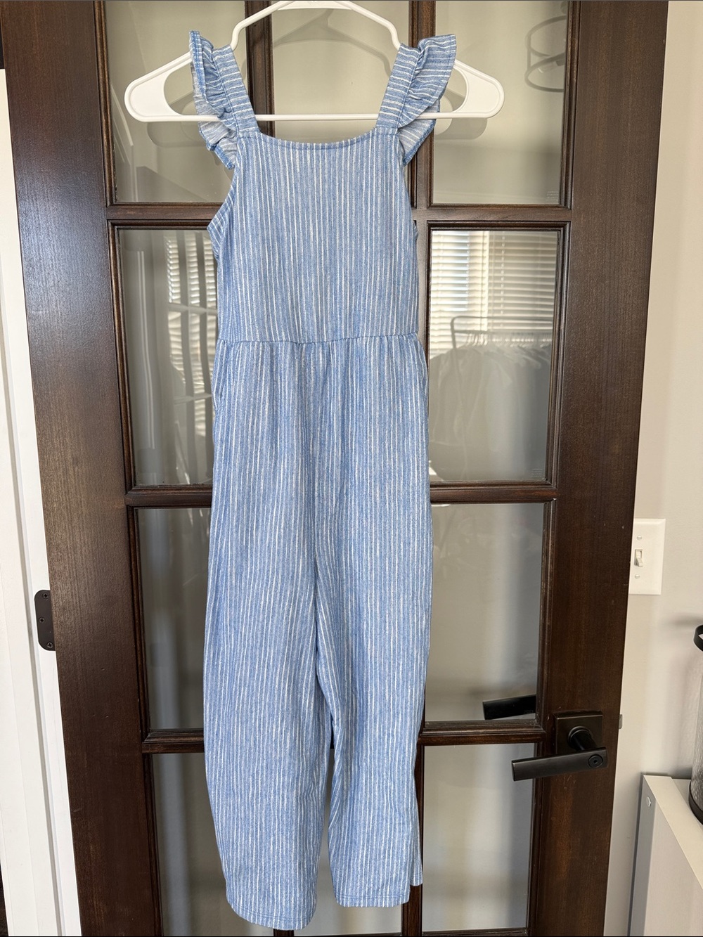 Cat & Jack Blue and White Striped Ruffle Strap Jumpsuit
